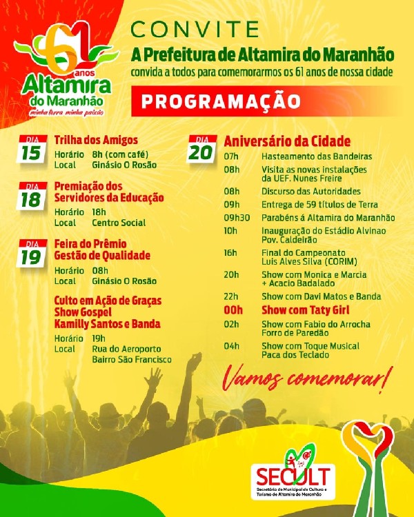 Convite! Prefeitura de Altamira-MA convida a todos para comemoramos os 61 anos de Altamira-MA